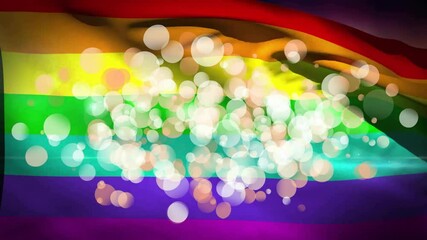 Wall Mural - Rainbow flag waving across frame, showing bright stripes and soft bokeh overlay in flat design