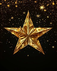 Wall Mural - golden star shines brightly amidst a celestial shower of sparkling stars against a dark background f