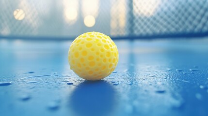 Close-up of a yellow ball on a wet blue surface, creating a vibrant contrast with a blurred net in the background.
