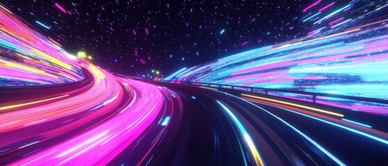 Wall Mural - dynamic road through vibrant neon lights under starry night sky capturing speed and motion in futuri