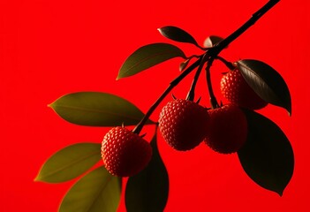 Wall Mural - silhouette of lychee branch with fruit, minimalist chinese style soft red background, clean, design
