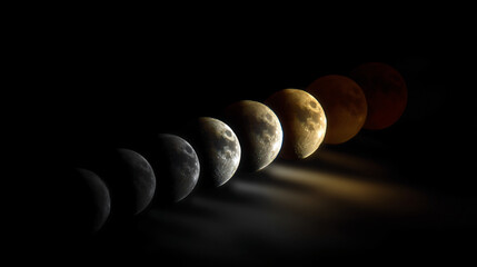 Wall Mural - lunar phases a row of moon images transitions color against a dark sky.