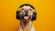© pongsaton - A dog enjoying music through headphones.