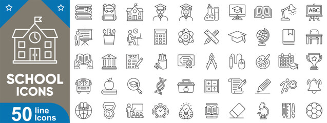 Wall Mural - school line icons set. backpack, classroom items, educational activities, books, school building, bl
