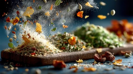 Assortment of spices exploding on a wooden board, culinary ingredients