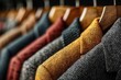 © Svetlana Lavereva - closeup of a row of autumn coats hanging on wooden hangers on a rustic wooden rack, featuring textured fabrics in warm colors like gray, mustard, and rust, soft focus background with cozy atmosphere