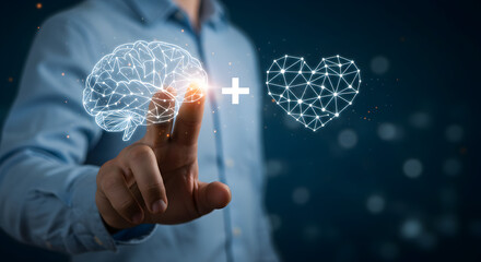 Wall Mural - man touching digital brain and heart icons representing balance of intellect and emotion in dark bac