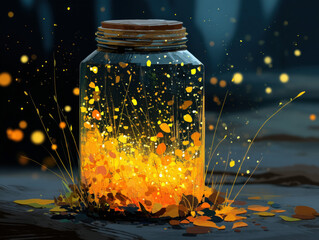 Wall Mural - a whimsical image of fireflies inside a glass jar