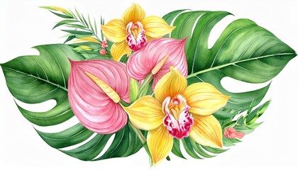 Wall Mural - watercolor tropical bouquet with yellow orchid, pink anthurium, exotic flowers and green le