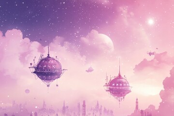 Wall Mural - Ethereal Landscape with Floating Spheres in a Dreamy Sky