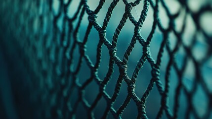 Close-up of a textured green net, capturing intricate details and a moody atmosphere.