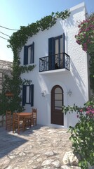  Mediterranean-style building with a balcony and vibrant flowers against a blue sky