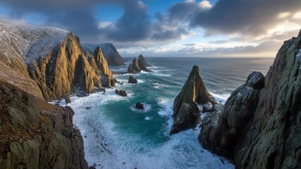 Dramatic cliffs meet the ocean waves in a scenic coastal view with rough seas and an overcast sky, creating a beautiful seascape