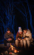 © kinomaster - Friends sitting around a campfire in the woods on a winter evening