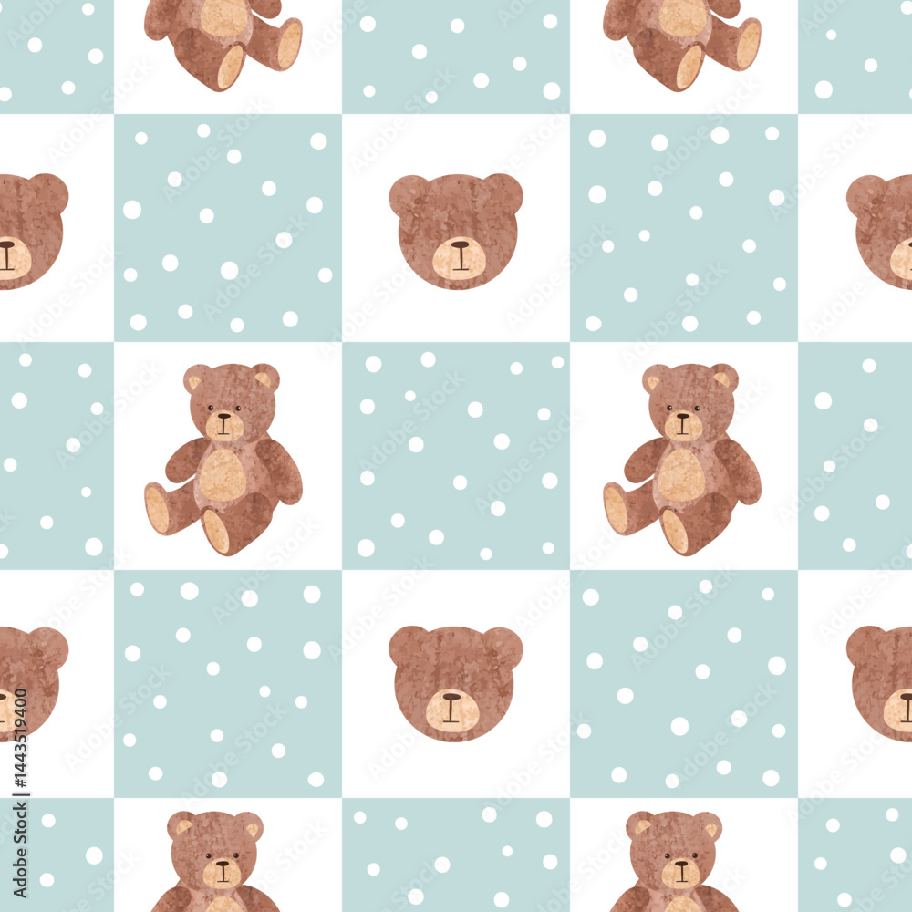 Cute little teddy bear seamless pattern. Vector checkered print for ...