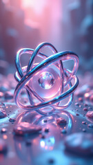 Wall Mural - A digital art representation of an atom, featuring a nucleus with electrons orbiting around it, set against a cosmic backdrop.