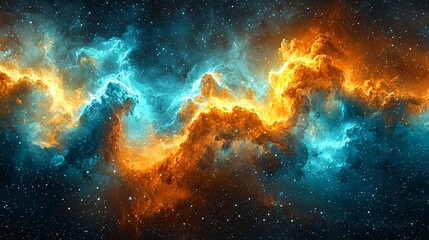 Wall Mural - striking nebula featuring vibrant orange and blue stars surrounded by cosmic dust and ambient light 