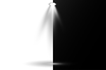 Wall Mural - Overlay effects simulate professional studio illumination. Row of spotlights casts intense glow on dark floor. Each light source produces a precise directional beam. Vector elements highlight stage