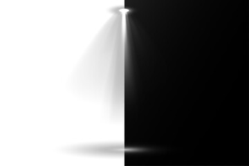 Wall Mural - Overlay effects simulate professional studio illumination. Row of spotlights casts intense glow on dark floor. Each light source produces a precise directional beam. Vector elements highlight stage