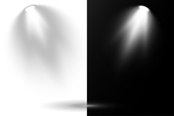 Wall Mural - Overlay effects simulate professional studio illumination. Row of spotlights casts intense glow on dark floor. Each light source produces a precise directional beam. Vector elements highlight stage