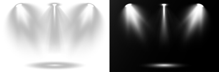 Wall Mural - Overlay effects simulate professional studio illumination. Row of spotlights casts intense glow on dark floor. Each light source produces a precise directional beam. Vector elements highlight stage