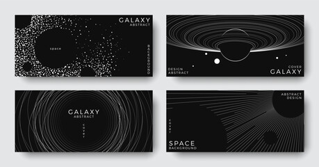Wall Mural - set of abstract space astronomy horizontal backgrounds. line art simple galaxy, planet, black hole. 