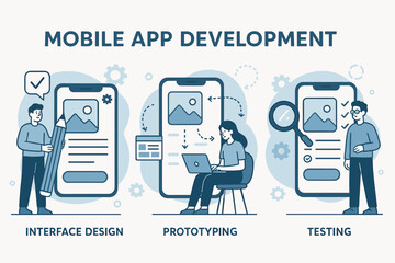 Mobile app development process. Vector illustration of interface design, prototyping, and testing. Suitable for app companies and UI/UX presentations.