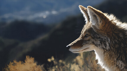 Wall Mural - coyote portrait, mountains background, daytime.