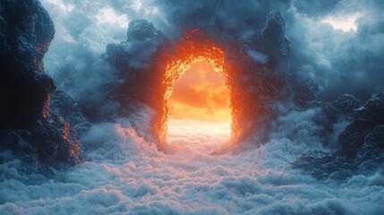 Wall Mural - enchanting tunnel formed amidst fluffy clouds creating a surreal dreamlike gateway to an ethereal co