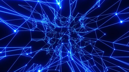 Wall Mural - moving through a futuristic grid. abstract background in blue neon glow color. concept of high speed