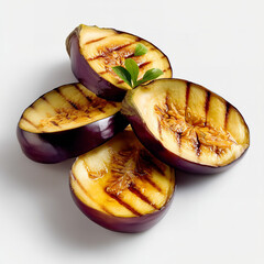 Wall Mural - Grilled eggplant slices with golden-brown sear marks juicy and smoky texture healthy vegetable perfect for cooking or salad isolated on transparent background. isolated white background