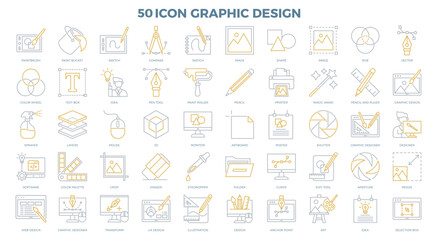 Set of vector icons illustrating various aspects of digital design, including software development, color palettes, web design, and graphic design. Perfect for use in presentations, websites, and mark