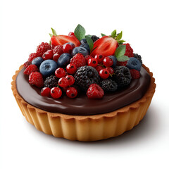 Wall Mural - Realistic chocolate tart with golden crust glossy ganache filling and fresh mixed berries topping perfect for dessert lovers isolated on transparent background isolated white background