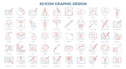Set of vector icons illustrating various aspects of digital design, including software development, color palettes, web design, and graphic design. Perfect for use in presentations, websites, and mark