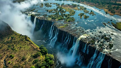 Poster - Majestic aerial view of a stunning waterfall cascading into a serene river surrounded by lush green landscape under clear blue skies