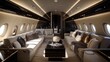 © sablengjago - Luxurious private jet interior with cream sofas, low coffee table, and large windows.