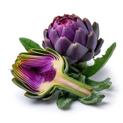 Wall Mural - Whole and sliced fresh artichoke with vibrant green leaves and purple core isolated on transparent background. isolated white background