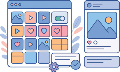 Wall Mural - vector illustration of a social media scheduler with content calendar, auto-post toggle, preview win