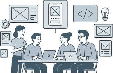 visualize product development workflow with wireframes, ux design screens, code symbols, and teamwor