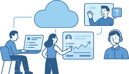 Wall Mural - present saas product ecosystem with user interface screens, cloud structure, team using features, an