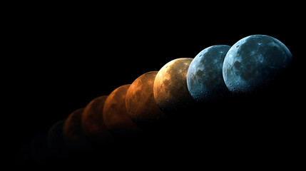 Wall Mural - lunar phases a row of moon images transitions color against a dark sky.