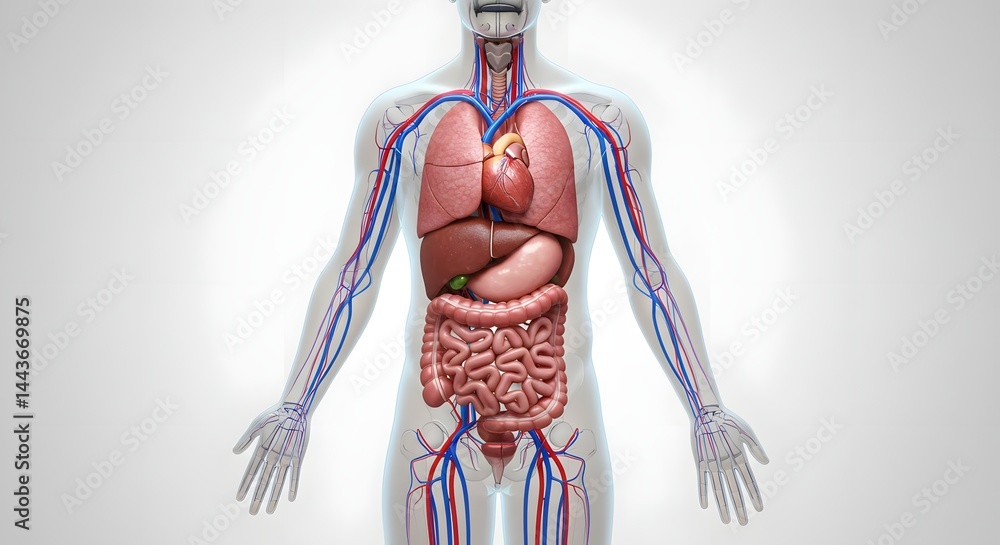Anatomical diagram showing the complete human body, highlighting ...