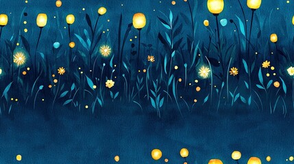 Wall Mural - field of flowers & grass, blue sky, yellow lights