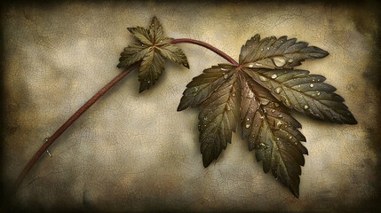 Wall Mural - dewy autumn leaf on textured background, nature photography for design