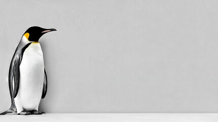 Fototapete -   Black & white penguin in front of gray wall with yellow spot on head