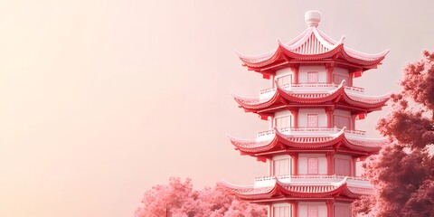 Aufkleber - ピンク色の東洋建築塔と背景に桜が咲き誇る美しい風景 静寂で穏やかな春の象徴的なイメージ