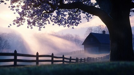 Wall Mural - farm in fog, tree & fence foreground, house background