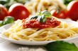 © Tunsale - Pasta with sauce on a plate, white background. AI generated illustration.