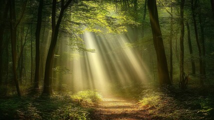 Wall Mural - A misty forest with rays of sunlight breaking through the trees, creating a magical atmosphere