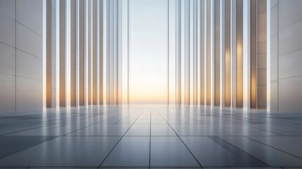 Aufkleber - 光の柱が並ぶ未来的な建築空間 夕焼けの空とモダンなデザインの背景
